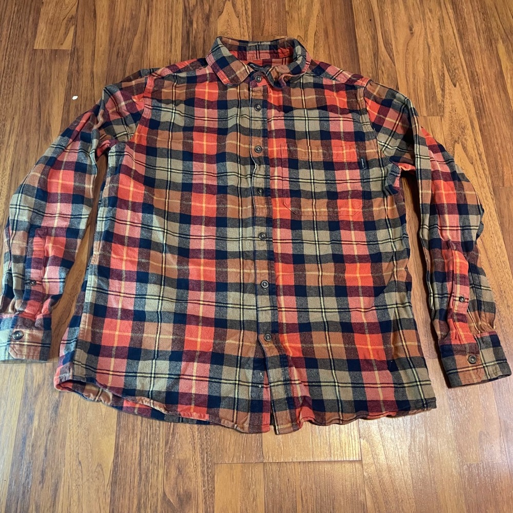 Eddie Bauer Flannel Shirt Mens Medium Orange Navy Plaid Cotton Long Sleeve Top